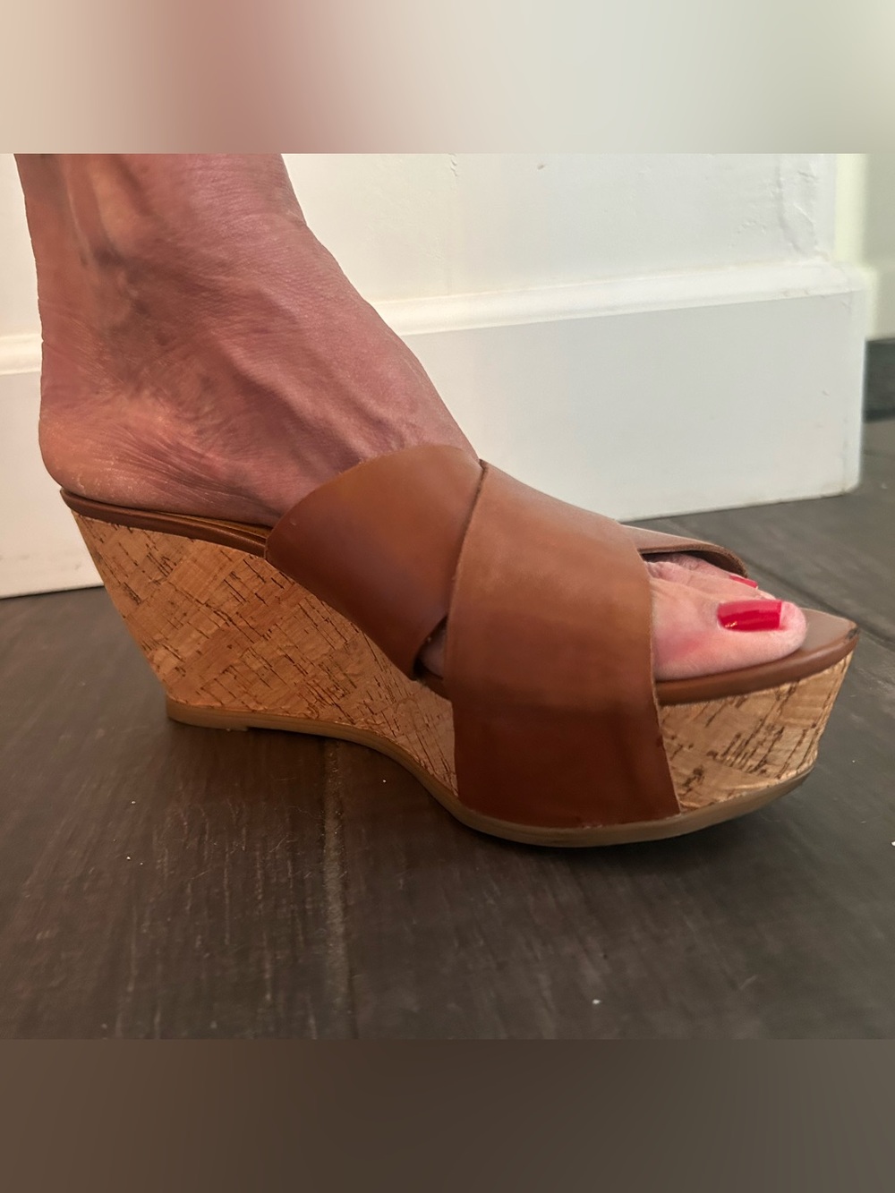 Franco Sarto Brown Leather Cork Wedge Sandals